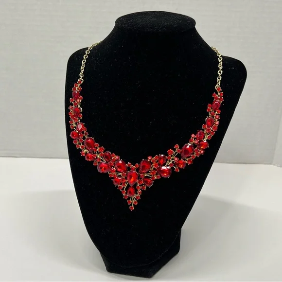 Red Floral Statement Necklace Bib Drop Earrings Jewelry Holiday Set Gold Rose gf - Picture 8 of 16